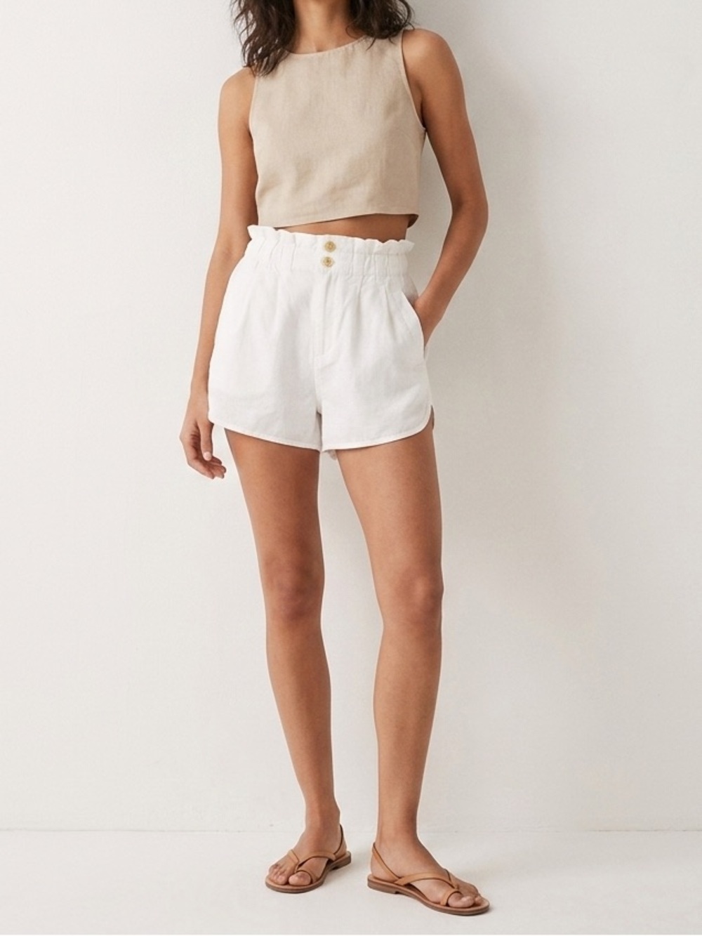 Free people White High-Waisted Paperbag Shorts - Double Button Detail